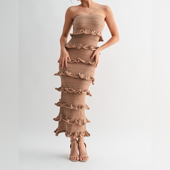 Dresses & Skirts - Ruffled Strapless Maxi Dress in Tan